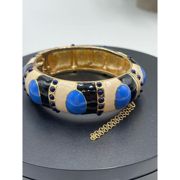 J. Crew Blue Enamel Tan Gold Tone Hinged Safety Chain Bangle Bracelet - Picture 6 of 15